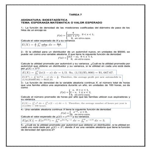 Tarea 7 de probabilidad y estadistica con respuesta (esperanza matemática o v...