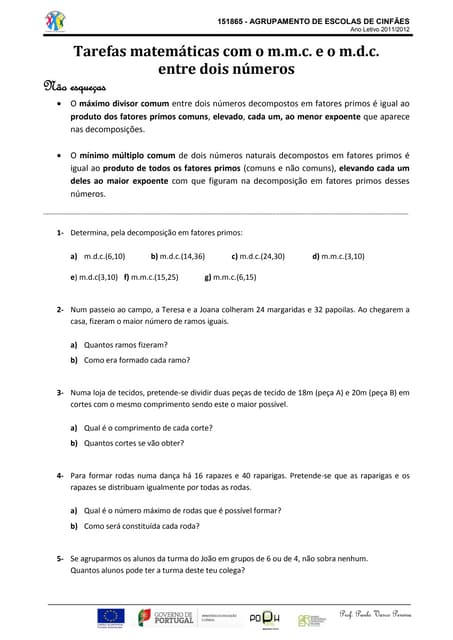 Tarefas matemáticas com o mmc e mdc entre dois números
