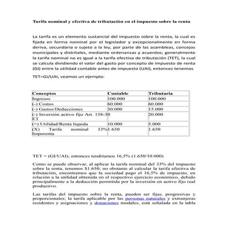 Tarifa nominal y efectiva de tributación en el impuesto sobre la renta ...