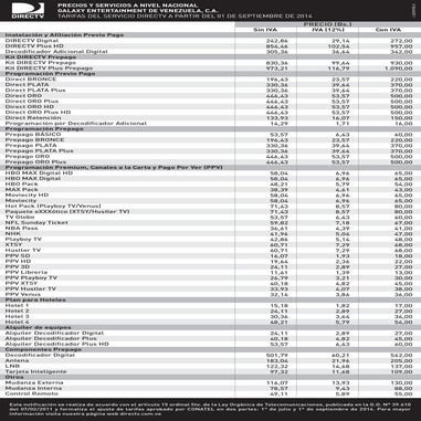 Tarifas del servicio directv