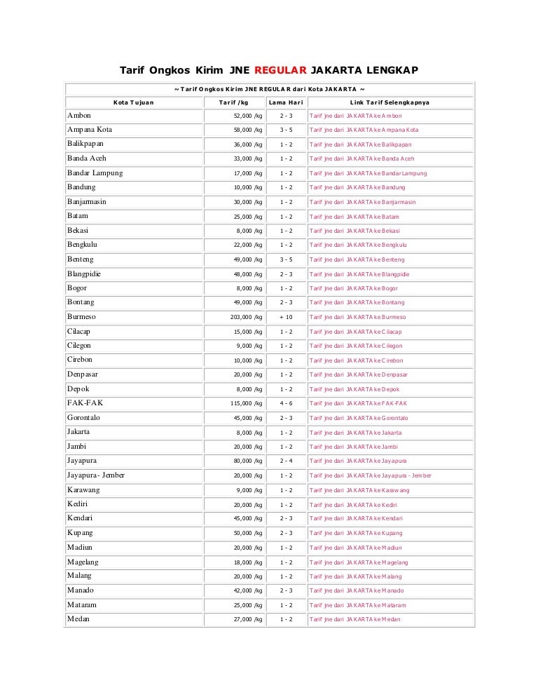 Tarif Ongkos Kirim Jne Jakarta Lengkap