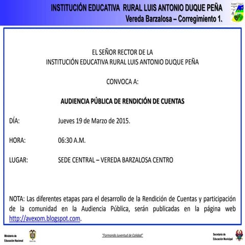Tarjeta invitación rendición de cuentas 2015