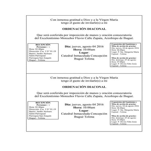 Tarjeta ordenación diaconal. cristian cárdenas aguirre