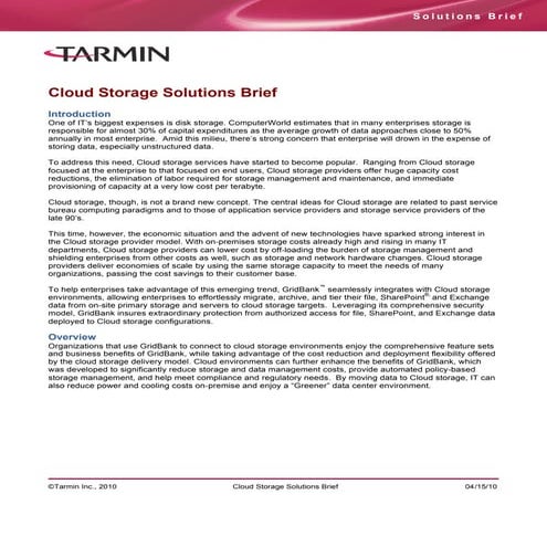 Tarmin Cloud Storage Solution Brief