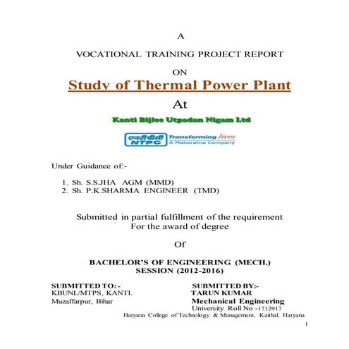 Tarun  Project Report On NTPC Kanti