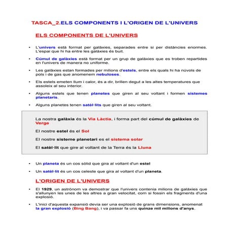 Tasca 2.els components i l'origen de l'univers