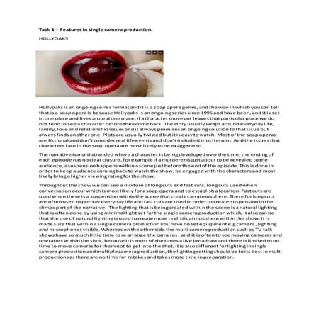 Task 1 - Features in single camera production