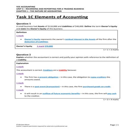 Task 1C - Elements of Accounting Solutions