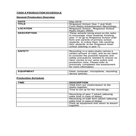 Task 8 production schedule | DOCX