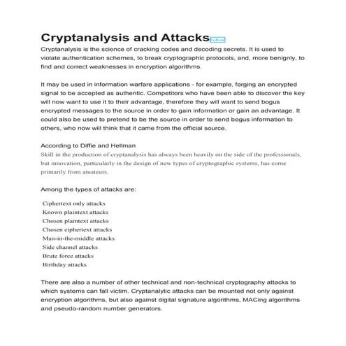 Cryptanalysis and Attacks