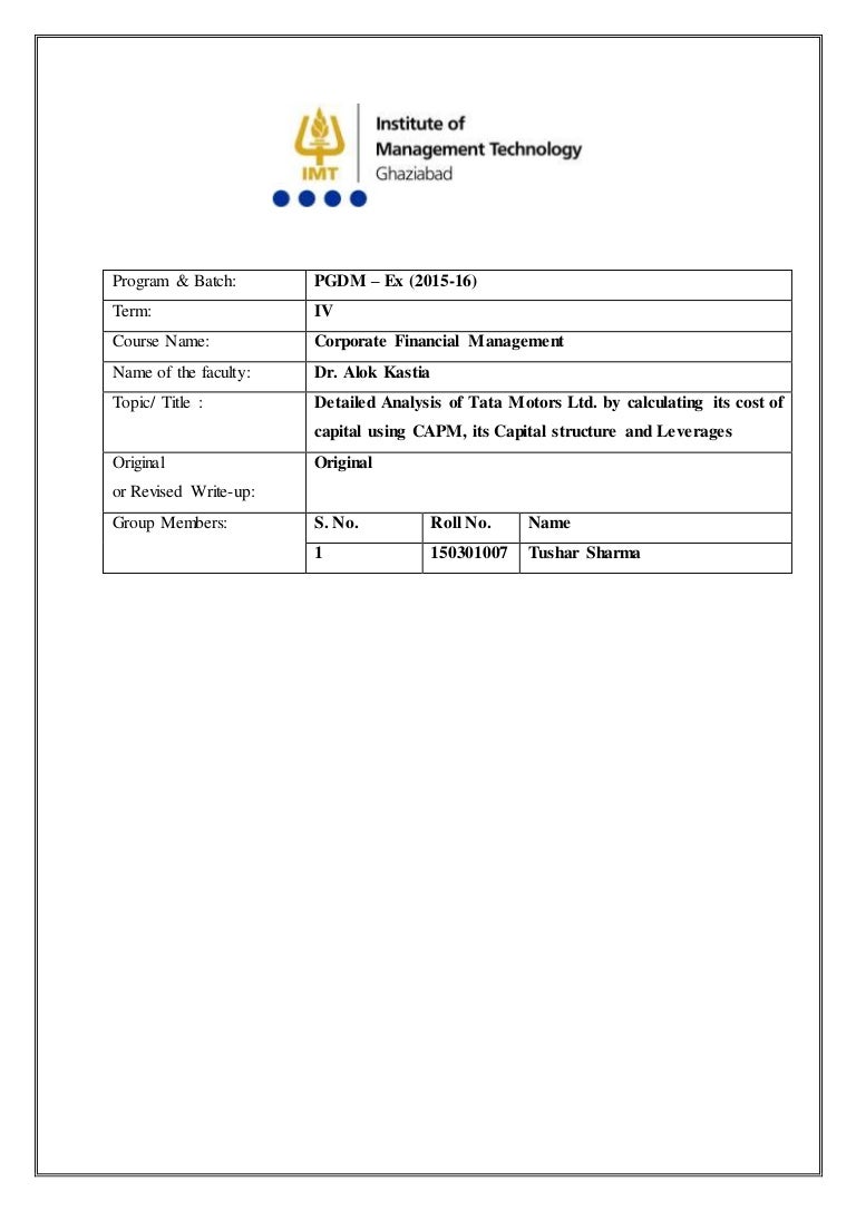 Detailed Analysis of Tata Motors Ltd. by calculating its cost of capi…