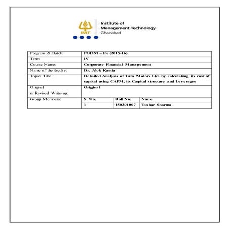Detailed Analysis of Tata Motors Ltd. by calculating its cost of capital usin...