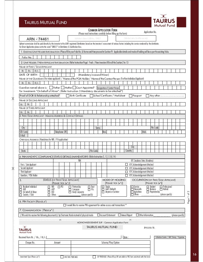 Taurus Mutual Fund Common Application Form With Kim