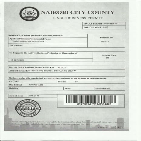 Tawi Nairobi City County License 2015