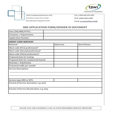 Tawi SMS Application Form Sender Id
