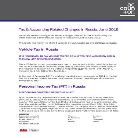 Tax & Accounting Related Changes in Russia, June 2015