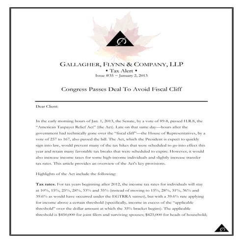 Tax alert #35 congress passes deal to avoid fiscal cliff
