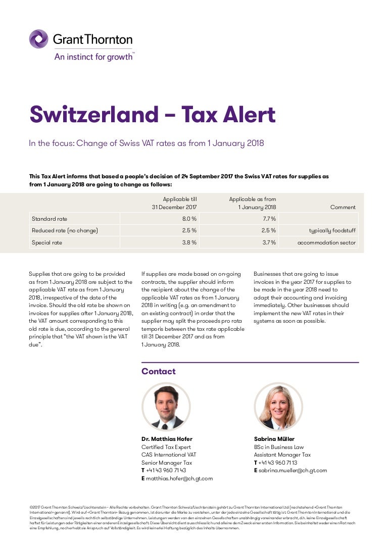 Switzerland VAT rate changes with effect 1 January 2018