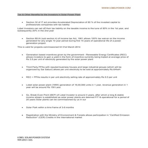 Tax depriciation & other benefits for the investors in lobel solar power plant