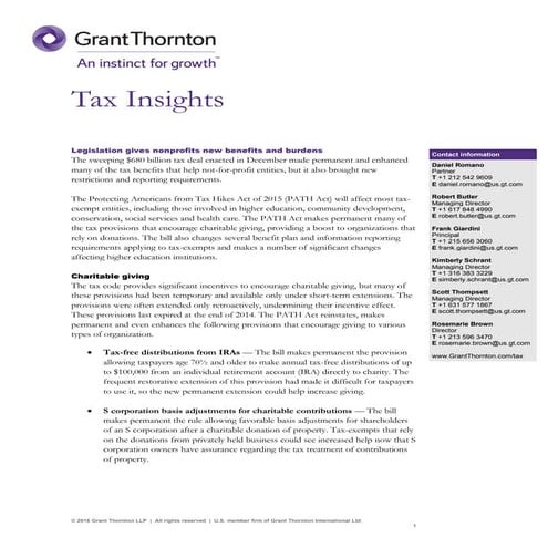 Tax insights: legislation gives nonprofits new benefits and burdens