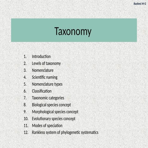Taxonomy(Introduction,levels of taxonomy, scientific naming, nomenclatural types, taxonomic categories, biological species concept, modes of speciation, rankless system of phylogenetic systematics).pptx