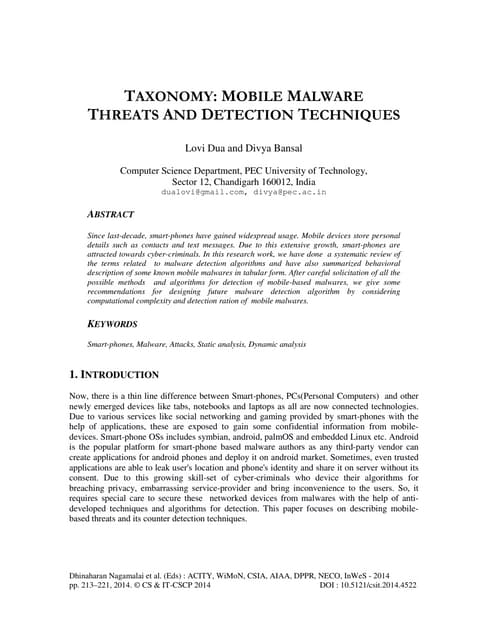 Taxonomy  mobile malware threats and detection techniques