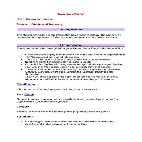Taxonomy of finfish notes