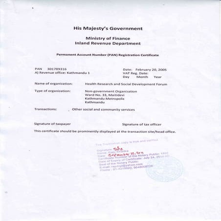 Tax registration certificate herd