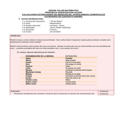 Sesion de aprendizaje matematica de contexto andino