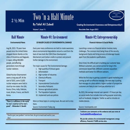 Tufail Ali Zubedi Newsletter Two and Half Minute - August 2015 issue