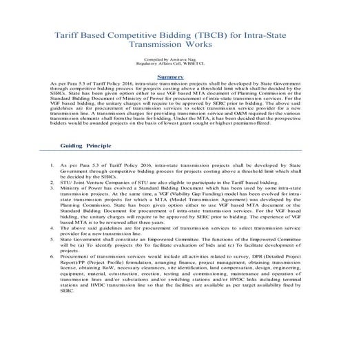 Tariff Based Competitive Bidding (TBCB) for Intra-State Transmission Projects