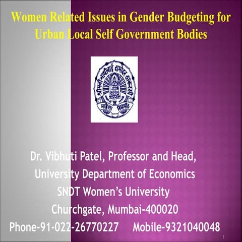 Women related issues and gender budgeting in Urban Local Self Government Bodies  14 7-2015