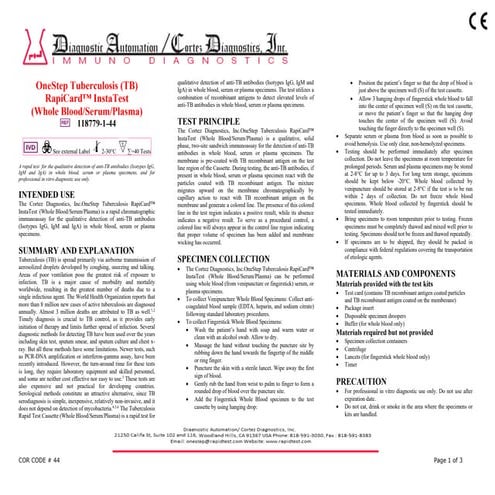 OneStep Tuberculosis (TB) -RapiCard Insta Test ( Whole Blood Serum / Plasma