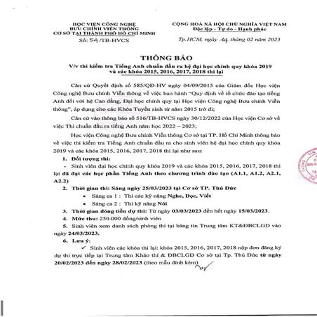 TB THI KIEM TRA TIENG ANH DAU RA K2019 VA K15, 16, 17,18 THI LAI (25-03-2023)...