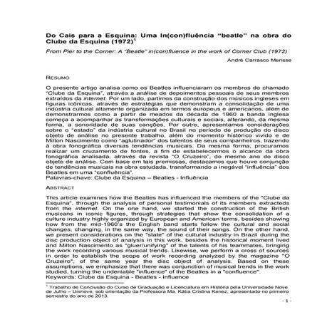 Do Cais para a Esquina: Uma In(con)fluência “beatle” na obra do Clube da Esquina (1972)