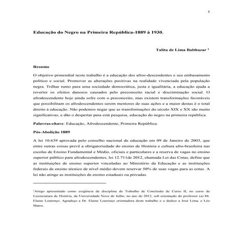 Educação do Negro na Primeira República-1889 á 1930.