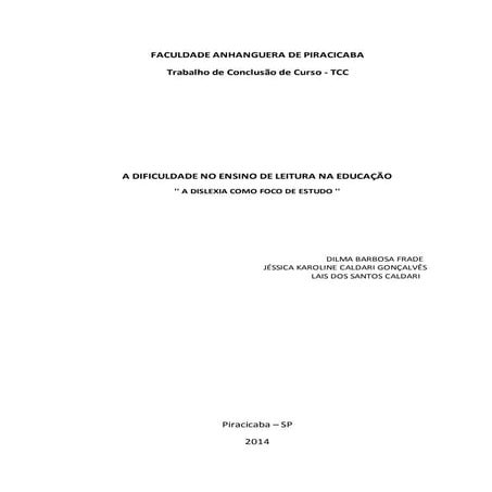 Tcc anhanguera   a dificuldade no ensino de leitura na educação
