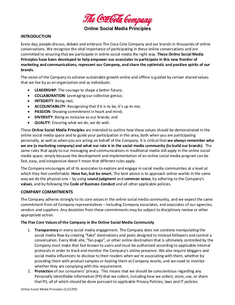 Coca Cola Health And Safety Policy The Coca Cola Company: Online Social Media Principles