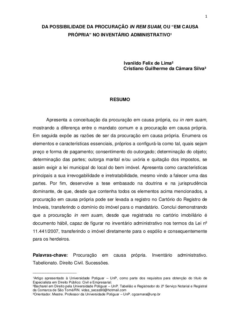 DA POSSIBILIDADE DA PROCURAÇÃO IN REM SUAM, OU "EM CAUSA PRÓPRIA" NO