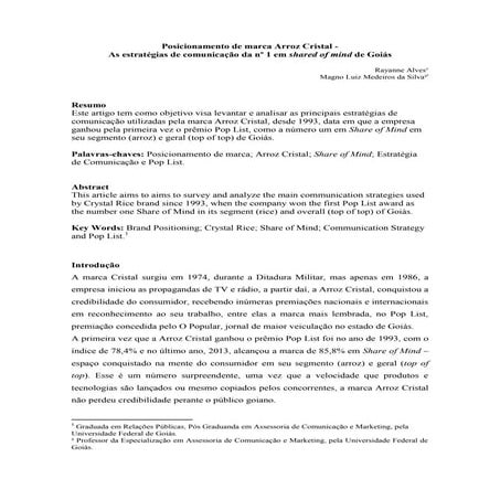Posicionamento de marca Arroz Cristal - As estratégias de comunicação da nº 1 em shared of mind de Goiás