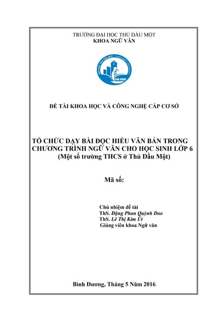 TỔ CHỨC DẠY BÀI ĐỌC HIỂU VĂN BẢN TRONG CHƯƠNG TRÌNH NGỮ VĂN CHO HỌC SINH LỚP ...