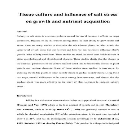Tissue culture and influence of salt stress on growth and nutrient acquisition