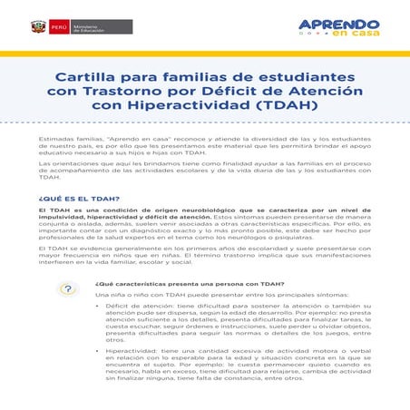 Cartilla para familias de estudiantes con Trastorno por Déficit de Atención con Hiperactividad (TDAH)