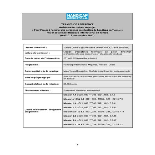 Tdr assistance technique au projet d’insertion professionnelle des personnes ...