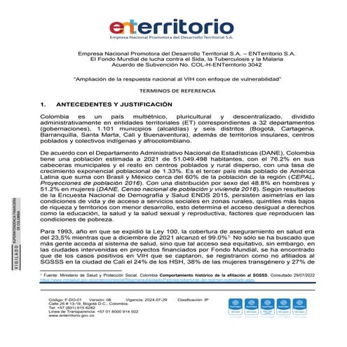 TDR Coordinador Ténico 2025 Proyecto VIH Fondo Mundial | PDF