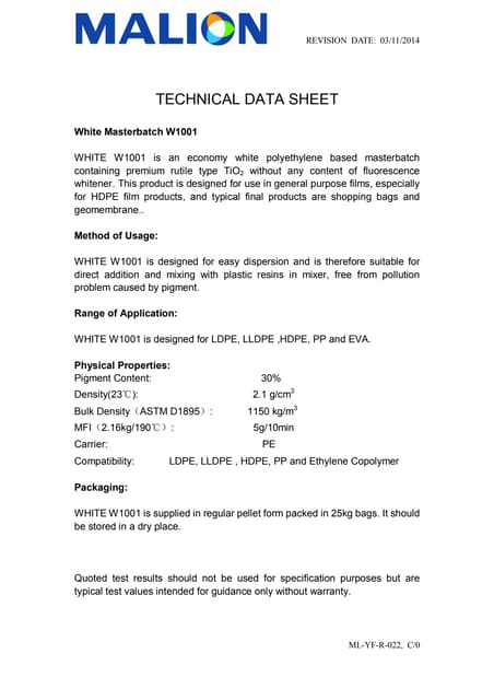 MASTERBATCH BLANCO PE15050 TDS | PDF