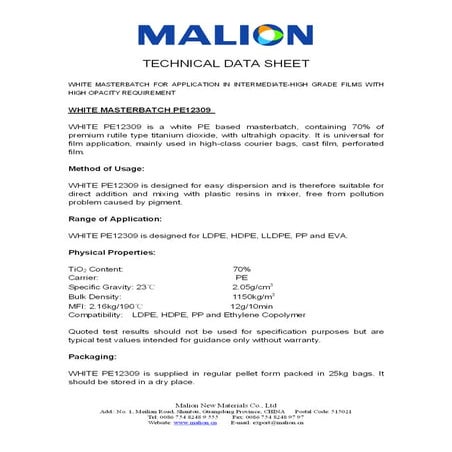 MASTERBATCH BLANCO PE12309 TDS | PDF
