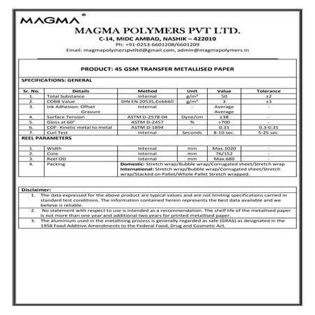TDS Transfer Metallised Paper | PDF