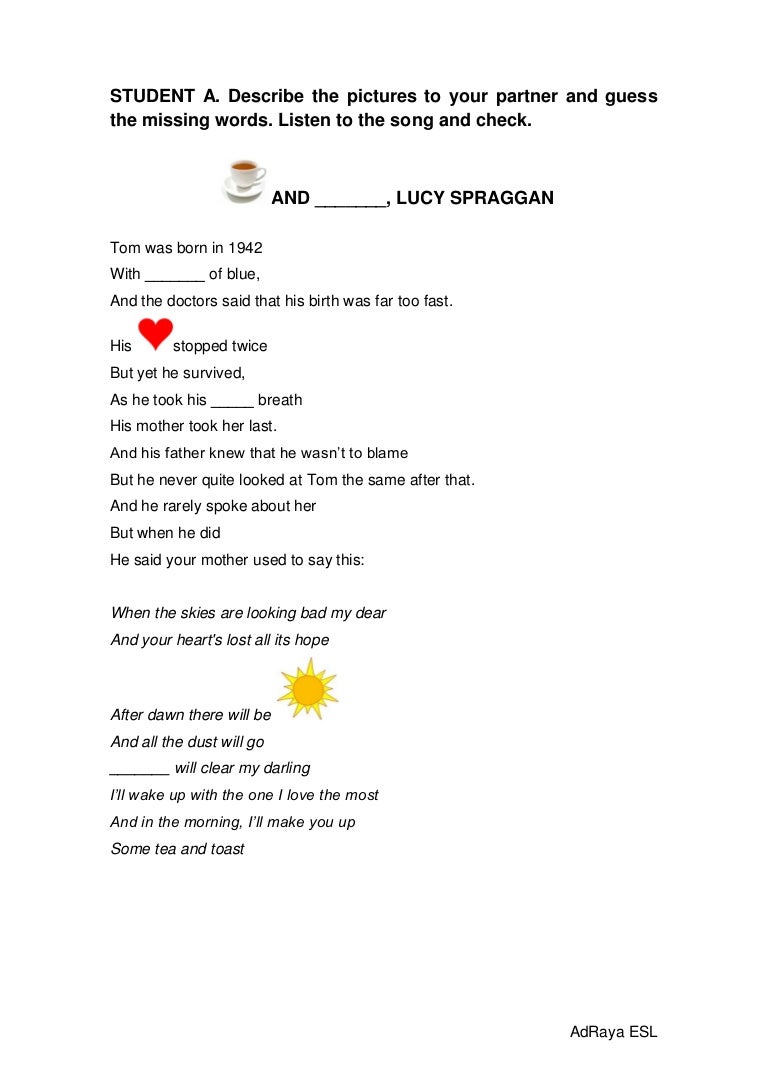 "Tea and Toast" Lucy Spraggan Worksheet in pairs