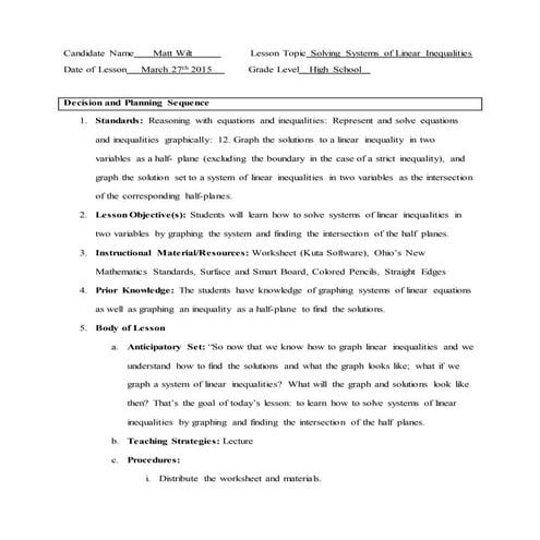 Teacher Centered Clinical Lesson Plan